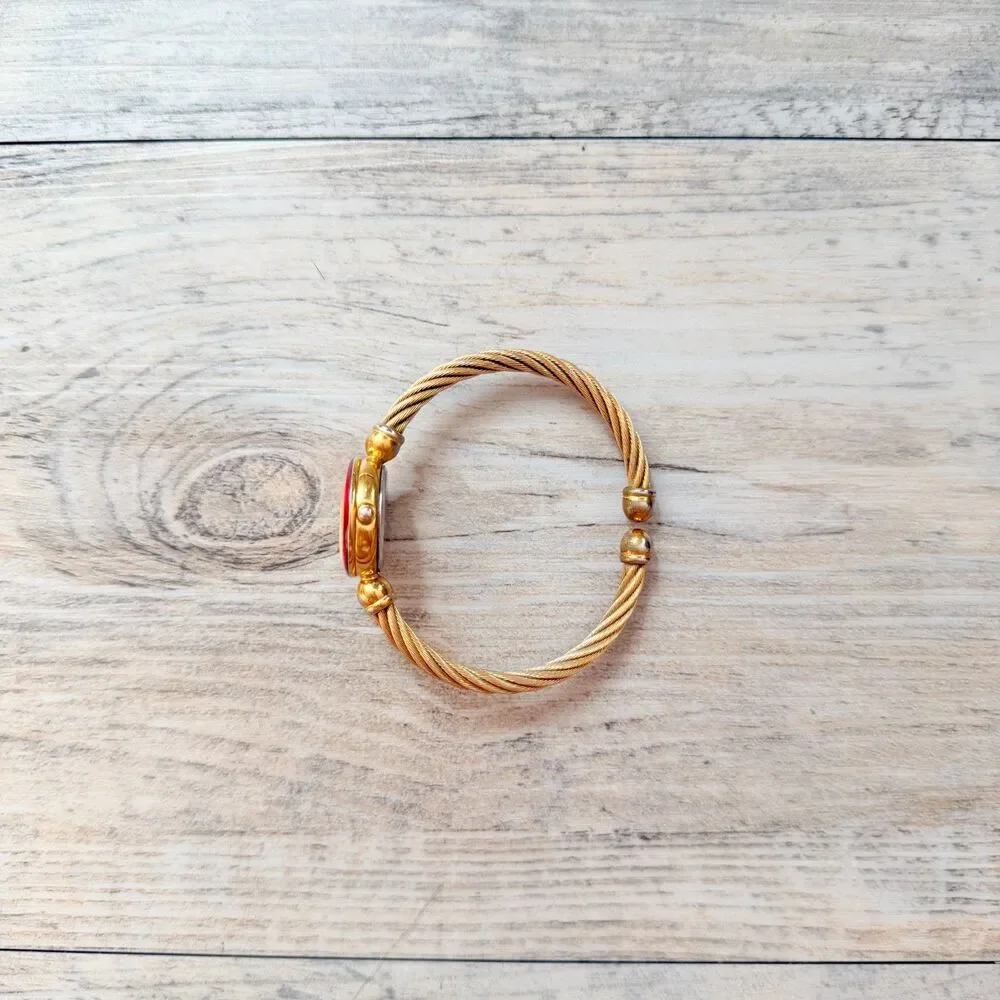 Vintage Anne Klein II Gold Tone Cable Bracelet Watch Red Bezel Roman Dainty